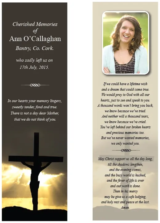 Religious Memorial Bookmark  - Code BMR013, Bookmark design