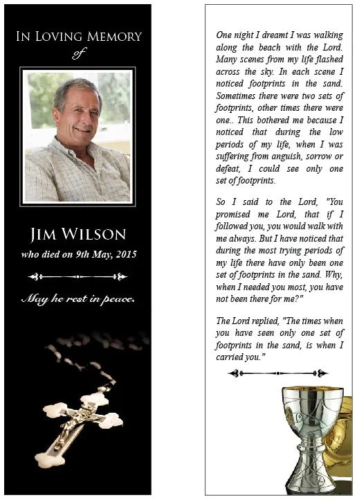 Religious Memorial Bookmark - Code BMR015, Bookmark design